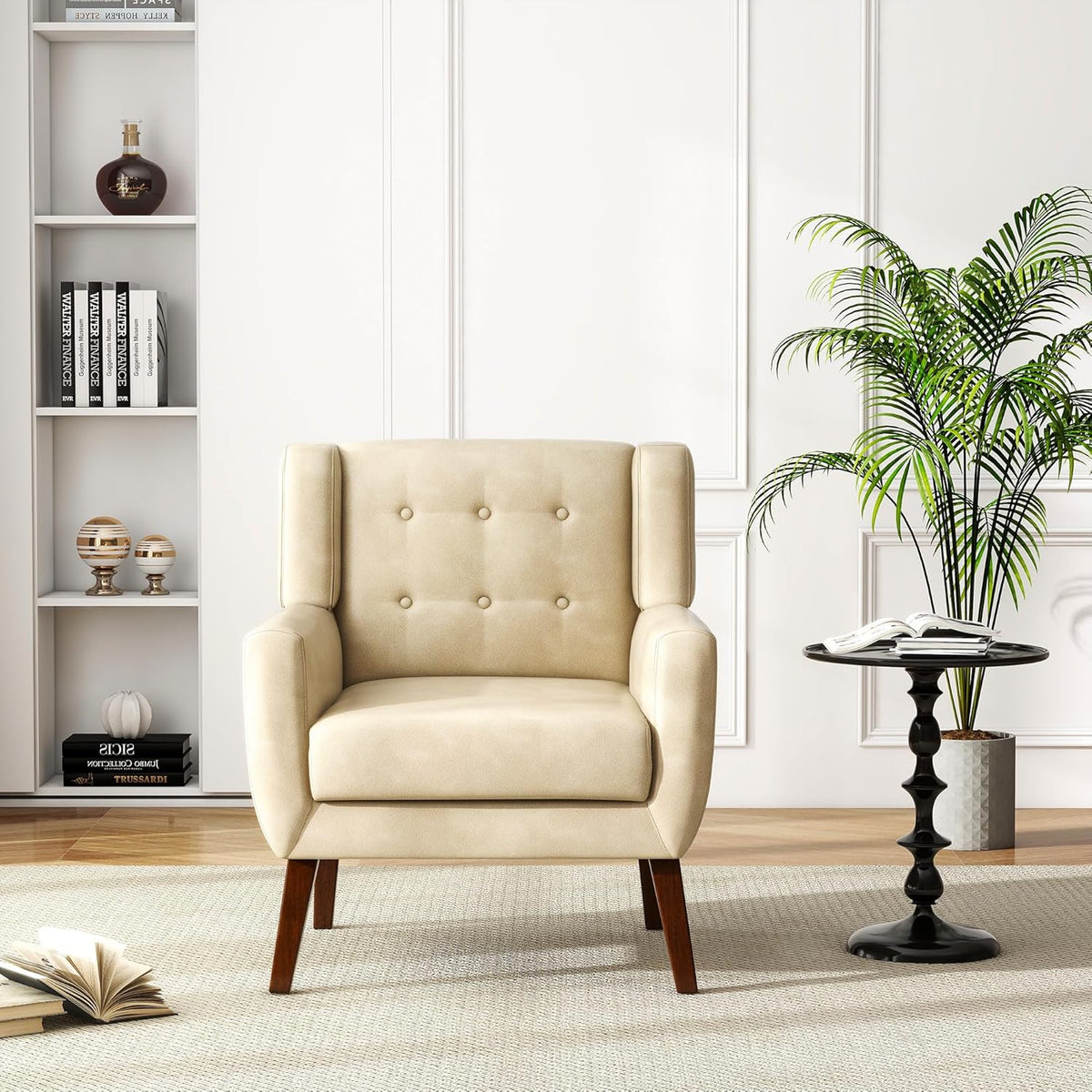 UIXE PU Leather Accent Chairs Set of 2, Modern Arm Club Chair Upholstered Armchair for Living Room, Comfy Single Sofa Seats Button Tufted Reading Seating, Cream