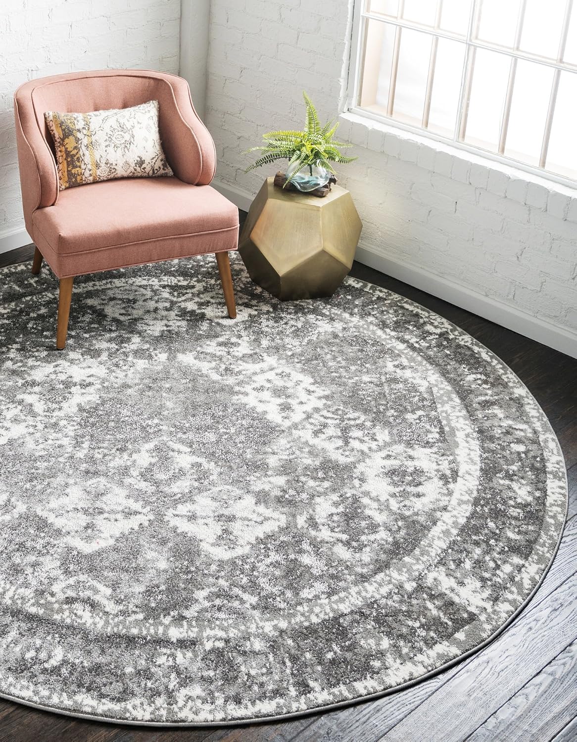 Unique Loom Rosso Collection Vintage, Traditional, Bohemian, Geometric, Distressed, Southwestern Area Rug, 8' 0" x 8' 0", Gray/Ivory