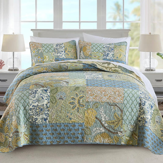 NEWLAKE Quilt Set Queen Size, 100% Cotton Patchwork Green Bohemian Quilt Sets, Reversible Bedspread Lightweight and Breathable for All Seasons, Soft Quilted Bedspread with 2 Pillow Shams