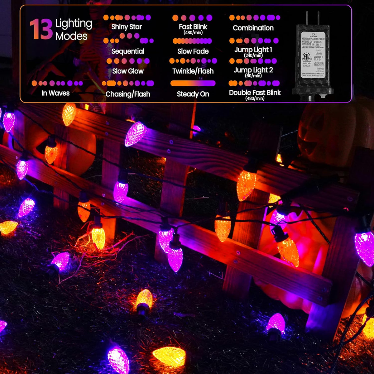 2PK 100 LED Purple and Orange C9 Halloween Lights Indoor Outdoor, Extendable 98FT C9 String Lights with 13 Modes & Timer, Waterproof Plug in Halloween Decorations for Tree Patio Fall Party Garden