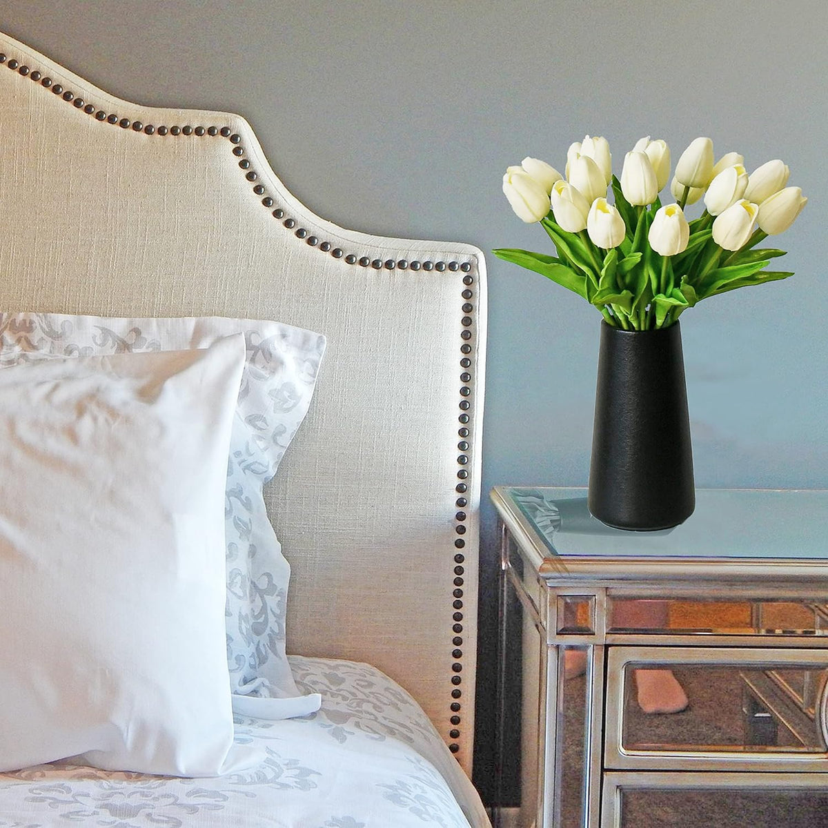 Mandy's Artificial Tulips 28 Stems Cream PU Faux Flowers for Wedding Home Decor 13.5 Inch