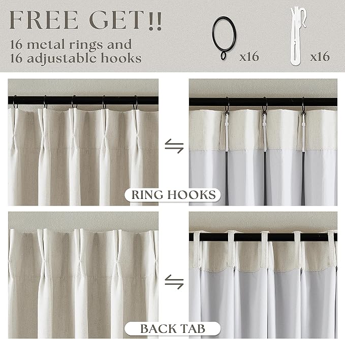 Natural Linen 100% Blackout Pinch Pleated Curtains 108 Inches Long 2 Panels | - Image 4