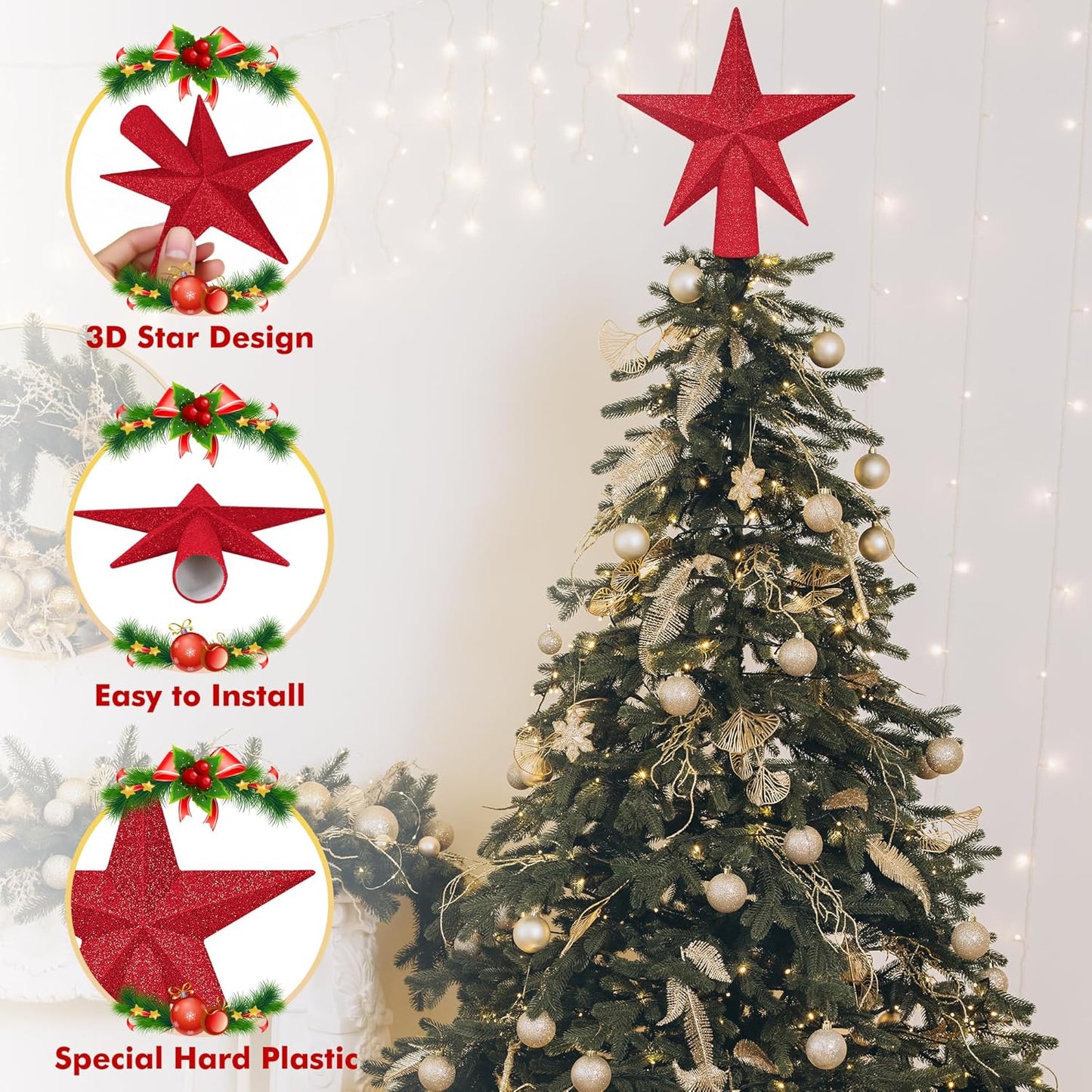 Star Tree Topper, 6" Red Christmas Tee Topper Decorations, Glitter 3D Xmas Bethlehem Star Waterproof Shatter-Proof, Christmas Tree Topper Ornament Decor for Christmas Holiday Party Indoor Outdoor Use