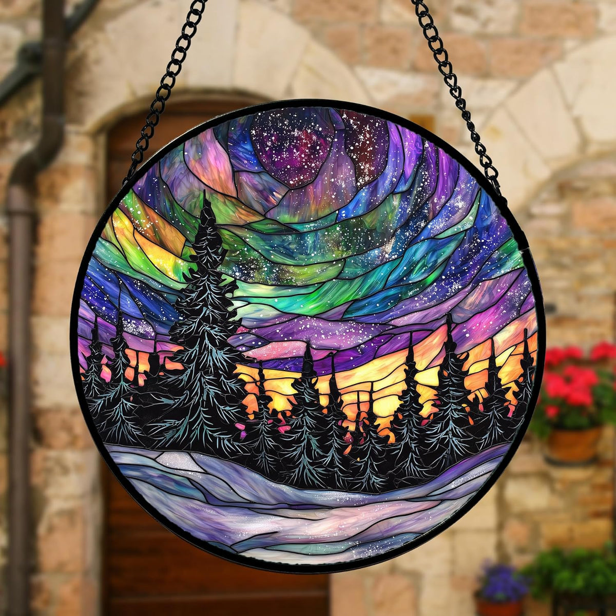 Stained Glass Window Hanging, Van Gogh Night Scene Sun Catchers Colorful Glass Panel Starry Sky Suncatcher Decor for Birthday for Women, Men, Wife, Aunt, and Mom 11.8x11.8 in