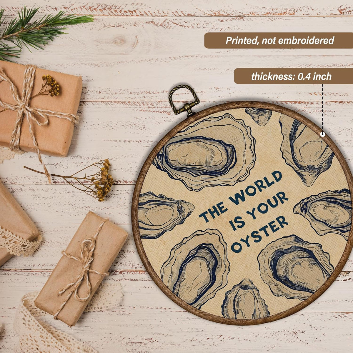 XBBMGG Oyster Wall Art Decor, Coastal Vintage Oyster Shell Round Wall Hanging Decor, Beach Ocean Nautical The World Is Your Oyster Framed Canvas Prints for Living Room Bathroom Decorations, 10x10inch