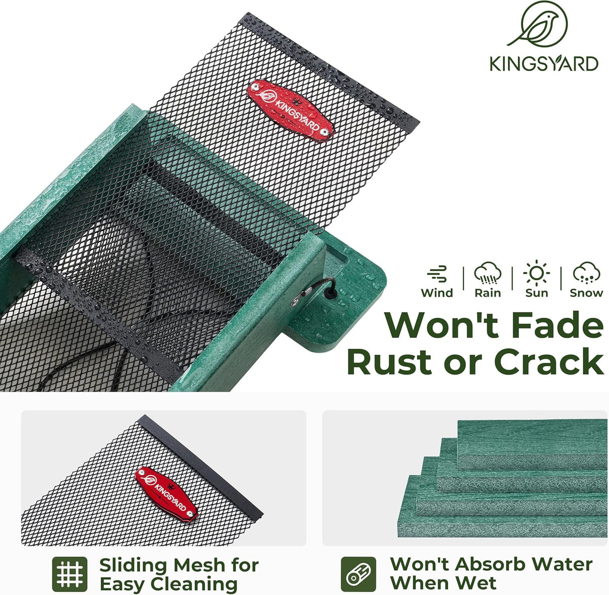 Kingsyard Metal Mesh Bird Feeder for Outdoors Hanging, Finch Feeder for Nyjer/Thistle, Sliding Mesh & Built-in Perch, Recycled Plastic, Green
