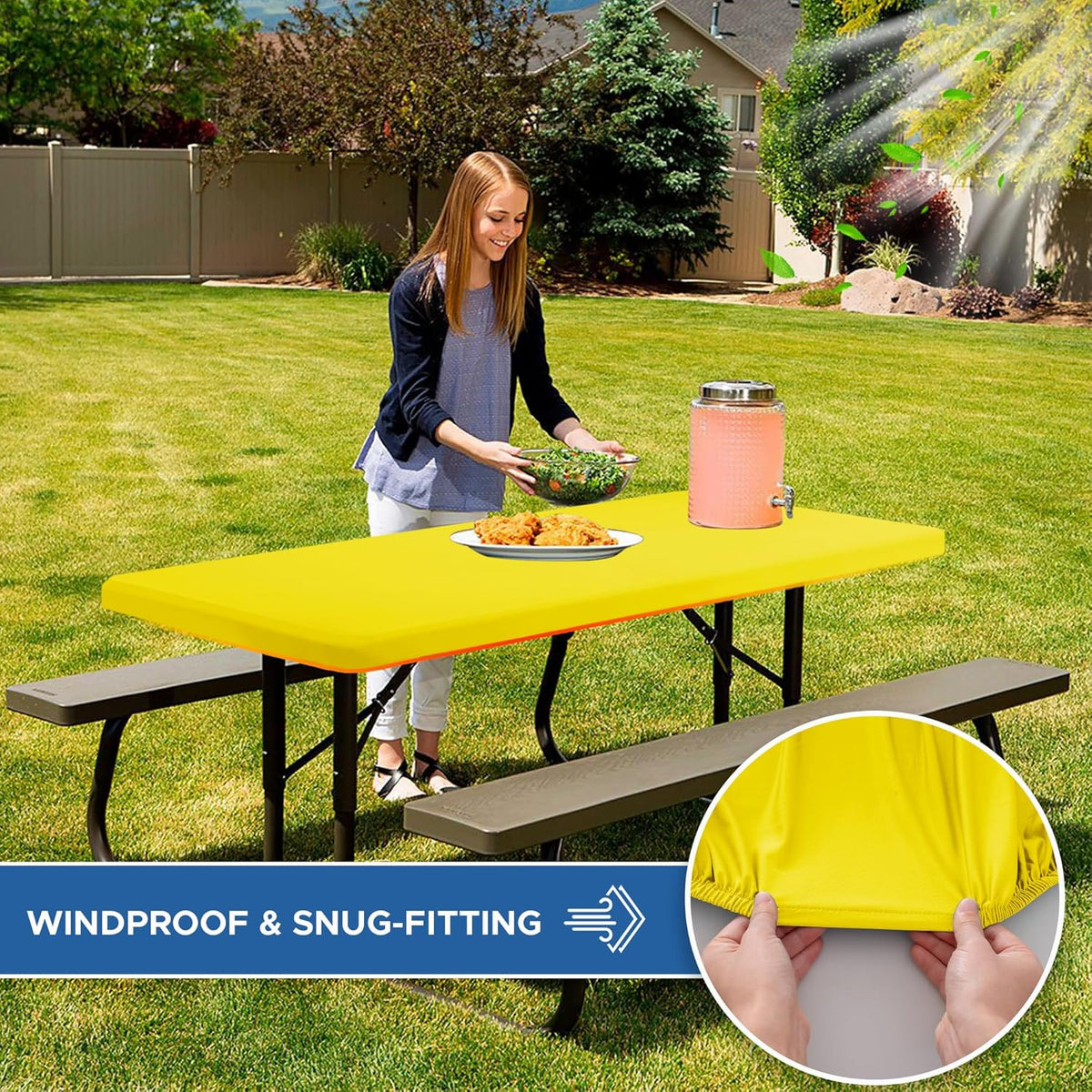 Fitted Tablecloth for 6 Foot Rectangle Tables-6 Pack Yellow Elastic Outdoor Picnic Table Cover-Spandex Stretch Folding Table Cloths 6 ft for Camping Dining Room Patio Kitchen Banquet Party