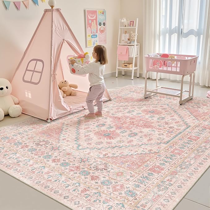 Pink Rugs for Bedroom-7x9 Area Rugs for Living Room, Girls Room | Washable Rugs by Zesthome