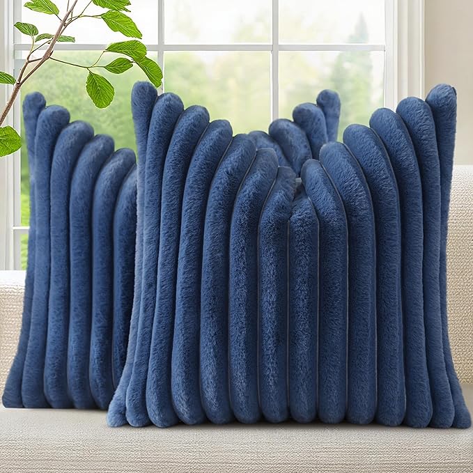 decorUhome Fall Faux Fur Throw Pillow Covers 18x18 Set of 2 Navy Blue | by decorUhome