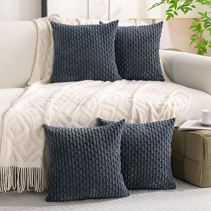 Set of 4 Grey Blue Decorative Throw Pillow Covers 24x24 Inch Corduroy Pillow - Image 2