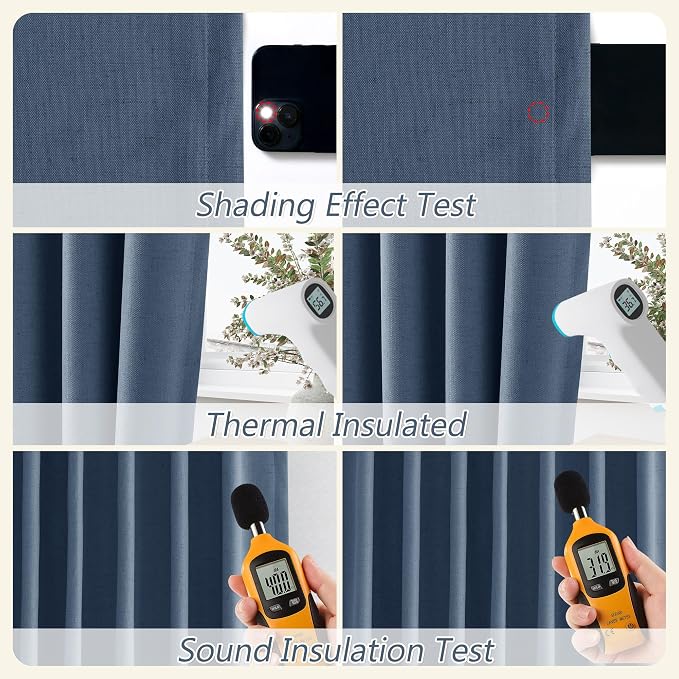 Denim Blue 100% Blackout Linen Curtains 120 Inch Length 2 Panels Set - Image 5