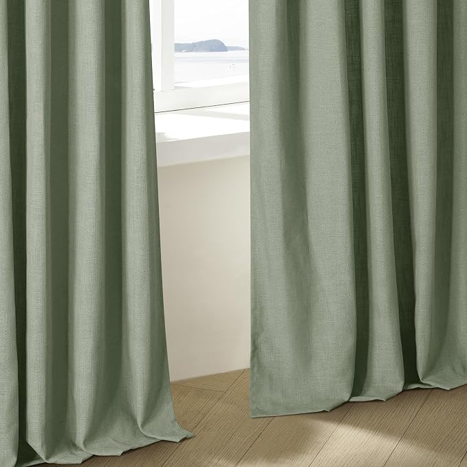 Sage Green Pinch Pleat Linen Semi Sheer Curtains 90 Inches Long 2 Panels | - Image 9