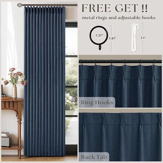Navy Blue 108 Inch Pinch Pleated Blackout Linen Bedroom Curtains 2 Panels | - Image 3