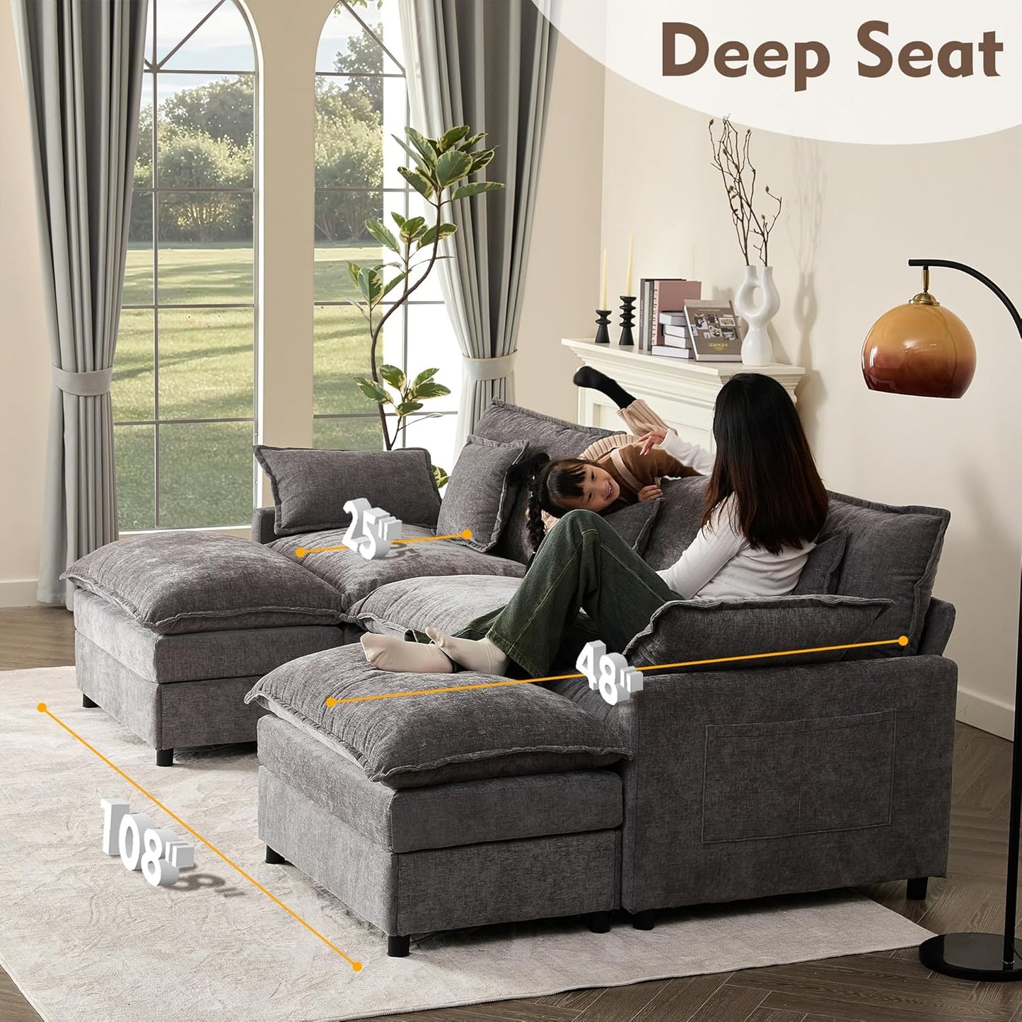 108" U Shaped Couch, Modular Sectional Sofa, 3-Seater Comfy Cloud Couch with Movable Ottoman, Deep Seat Couches for Living Room, Chenille, Slate