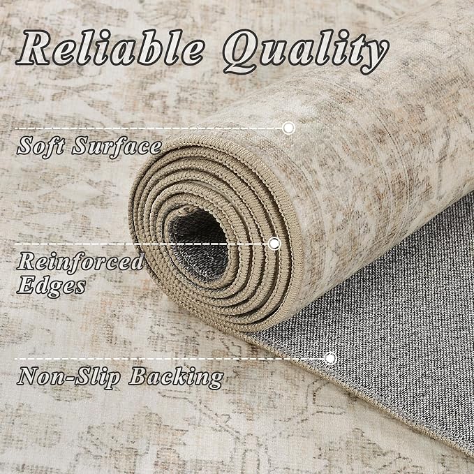 Schweek 8ft Circle Rug Neutral Beige Vintage Washable Non-Slip Round Rugs | - Image 4