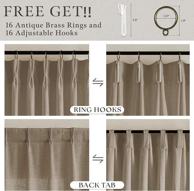 108 Inch Camel Tan Pleated Linen Light Filtering Country Curtains 50WxL108 | - Image 6