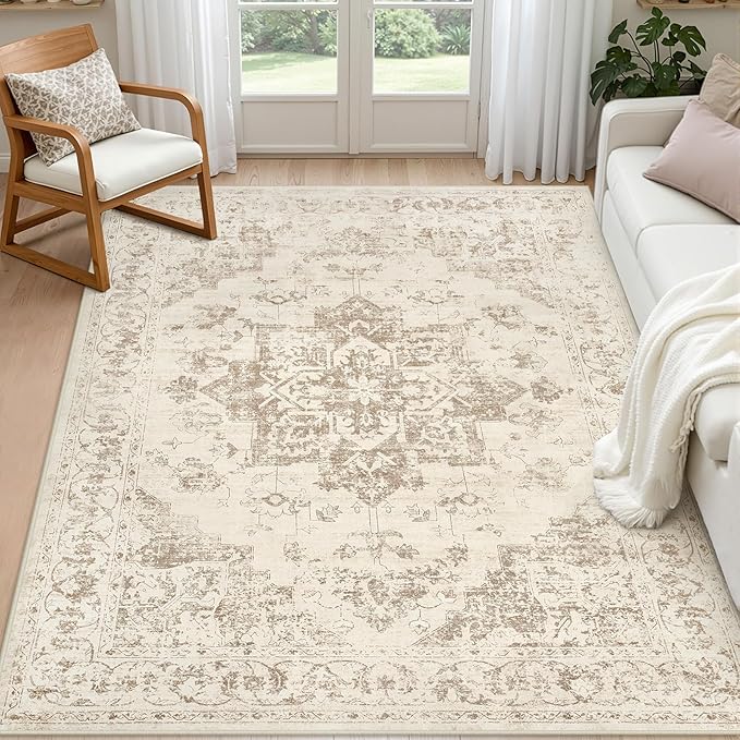 5x7 Area Rugs Living Room: Bedroom Washable Carpet Beige/Ivory | Vintage Boho by Luxturiy