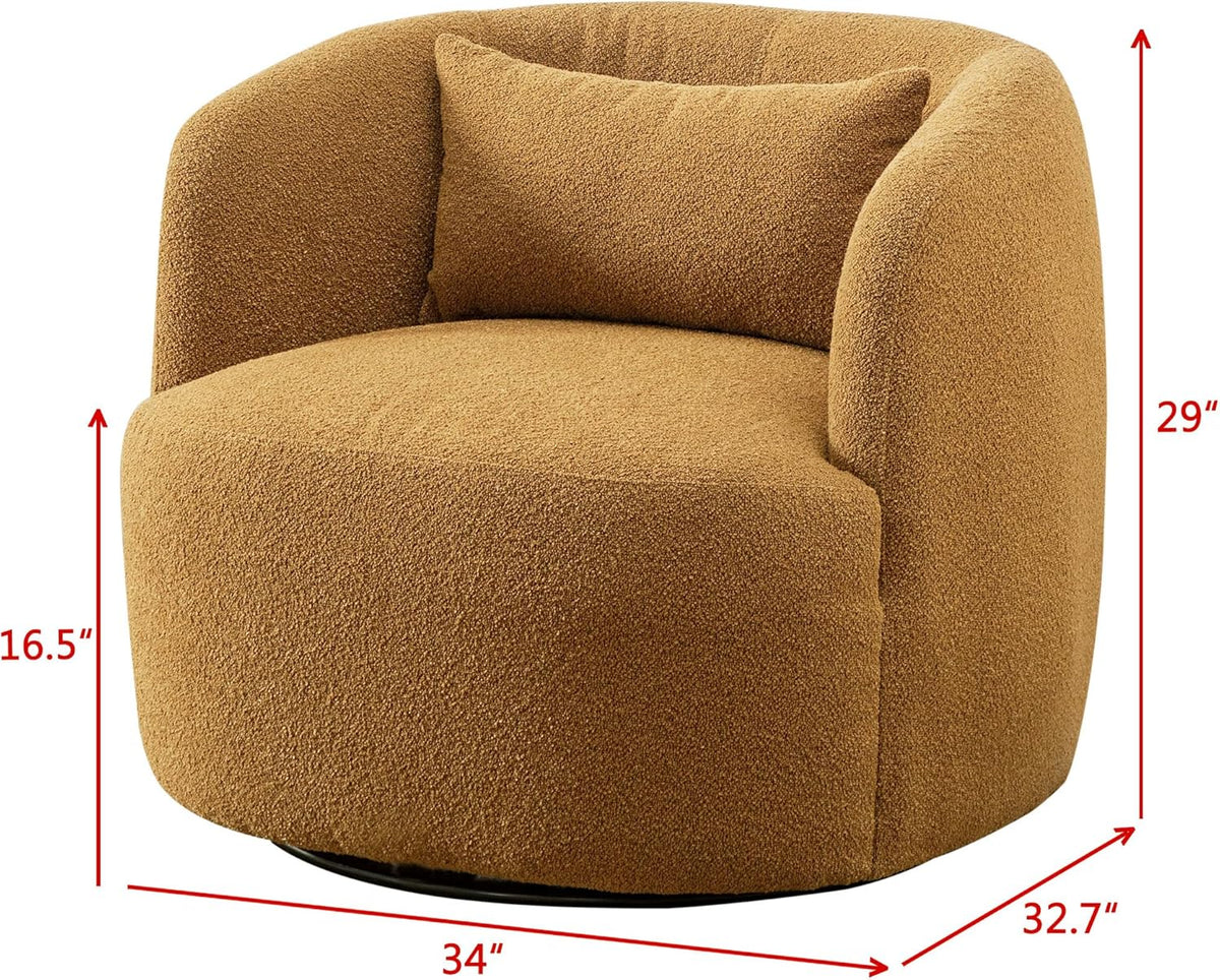 KINWELL 34" Wide Boucle Swivel Barrel Chair, No Assembly Round Upholstered Armchair Accent Chair Single Sofa Chair with Toss Pillow for Living Room and Bedroom, Brown