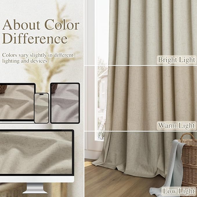 100% Blackout Linen Curtains for Bedroom 96 inches Long 8 FT, Thermal Insulated - Image 7