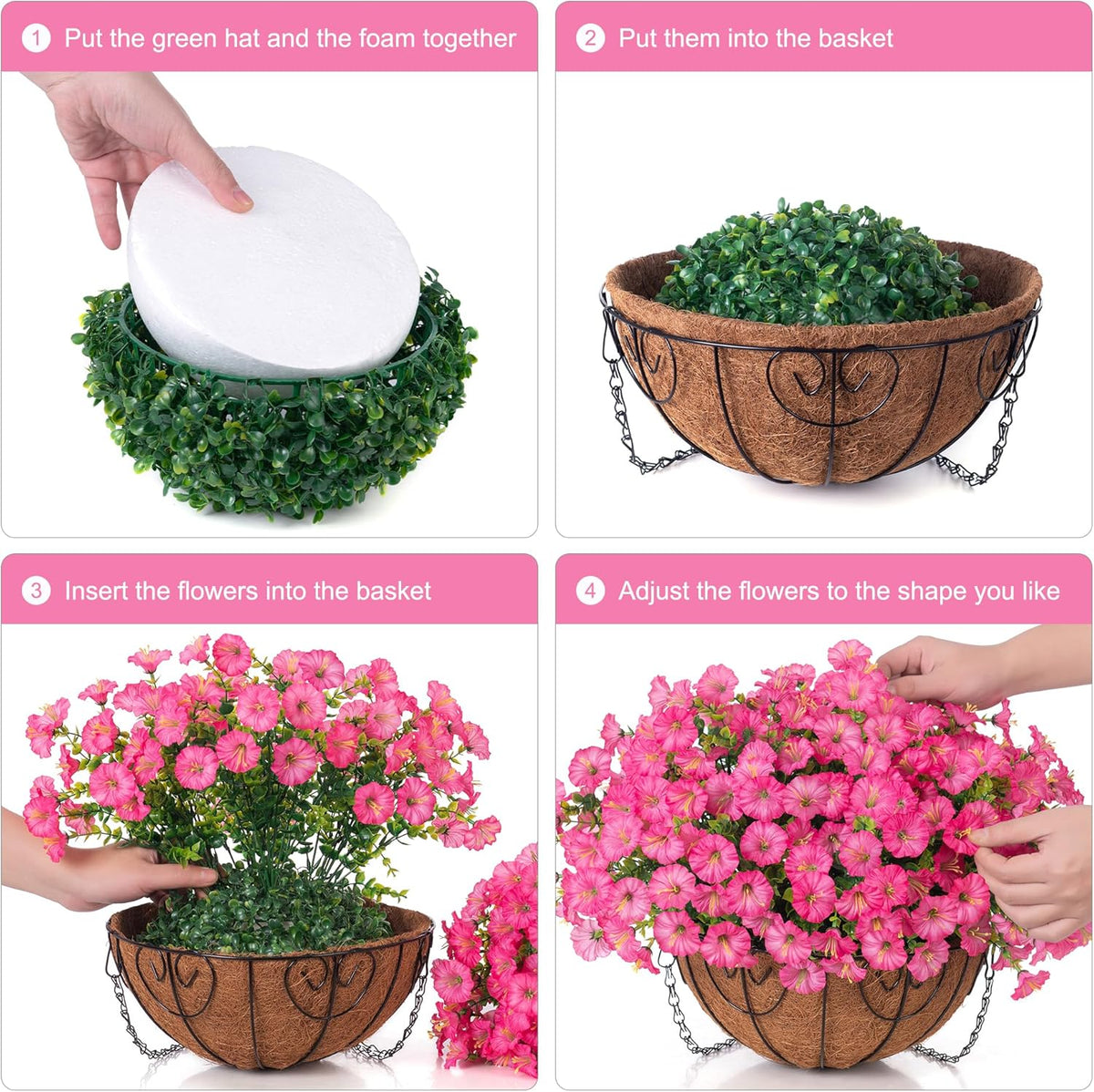 Artificial Faux Hanging Plants Flowers Basket for Outdoors Outside Spring Summer Decoration, Silk Pink Morning Glory in Planter UV Resistant Look Real Fake Flowers for Porch Patio Balcony Home Yard