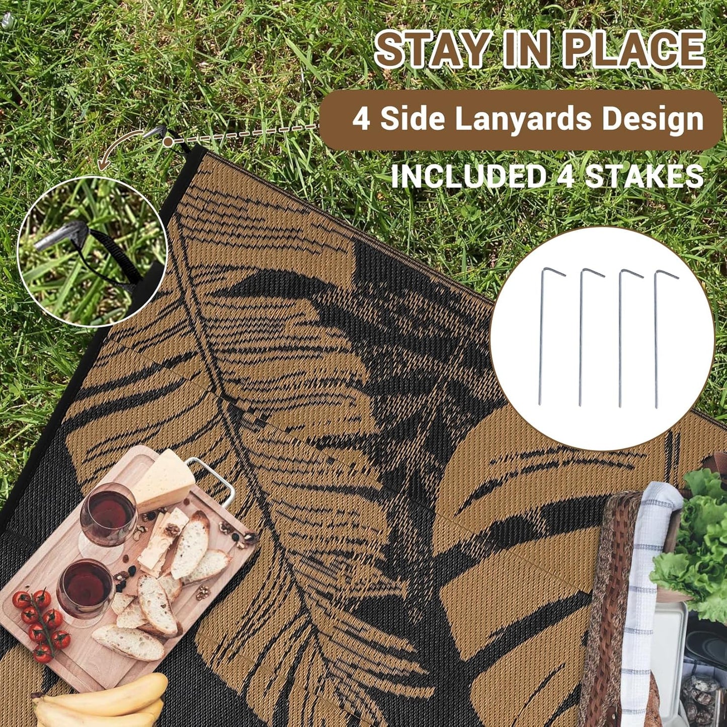 GAOMON Outdoor Rug Waterproof 9x12 Outdoor Plastic Straw Rug for Patio, Reversible Modern Camping Mat with Bag & Stakes, UV Resistant & Easy to Clean Carpet for RV, Deck, Balcony, Porch, Brown