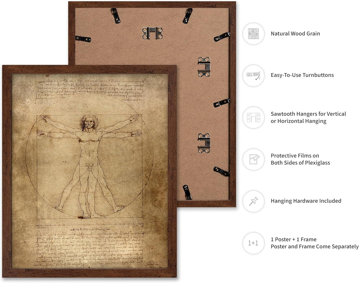 Poster Master Classic Leonardo Da Vinci Poster - Vintage Renaissance Print - Gift for Artist, Friend - Vitruvian Man, Proportion, Symmetry, Human Body - Wall Decor for Office, 11x14 Brown Framed
