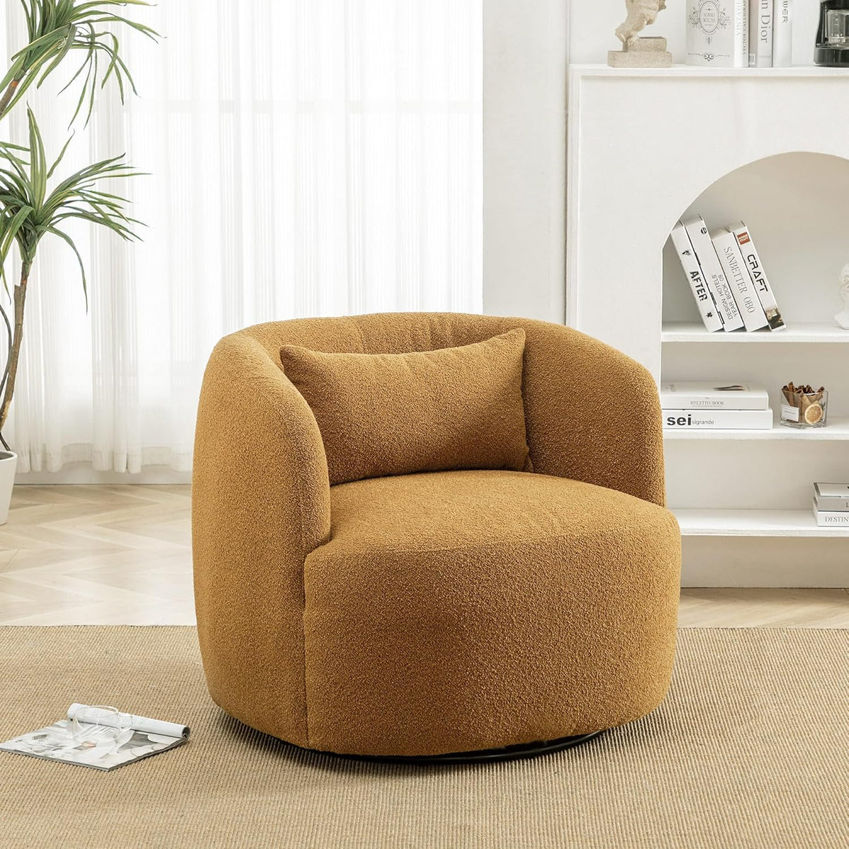 KINWELL 34" Wide Boucle Swivel Barrel Chair, No Assembly Round Upholstered Armchair Accent Chair Single Sofa Chair with Toss Pillow for Living Room and Bedroom, Brown
