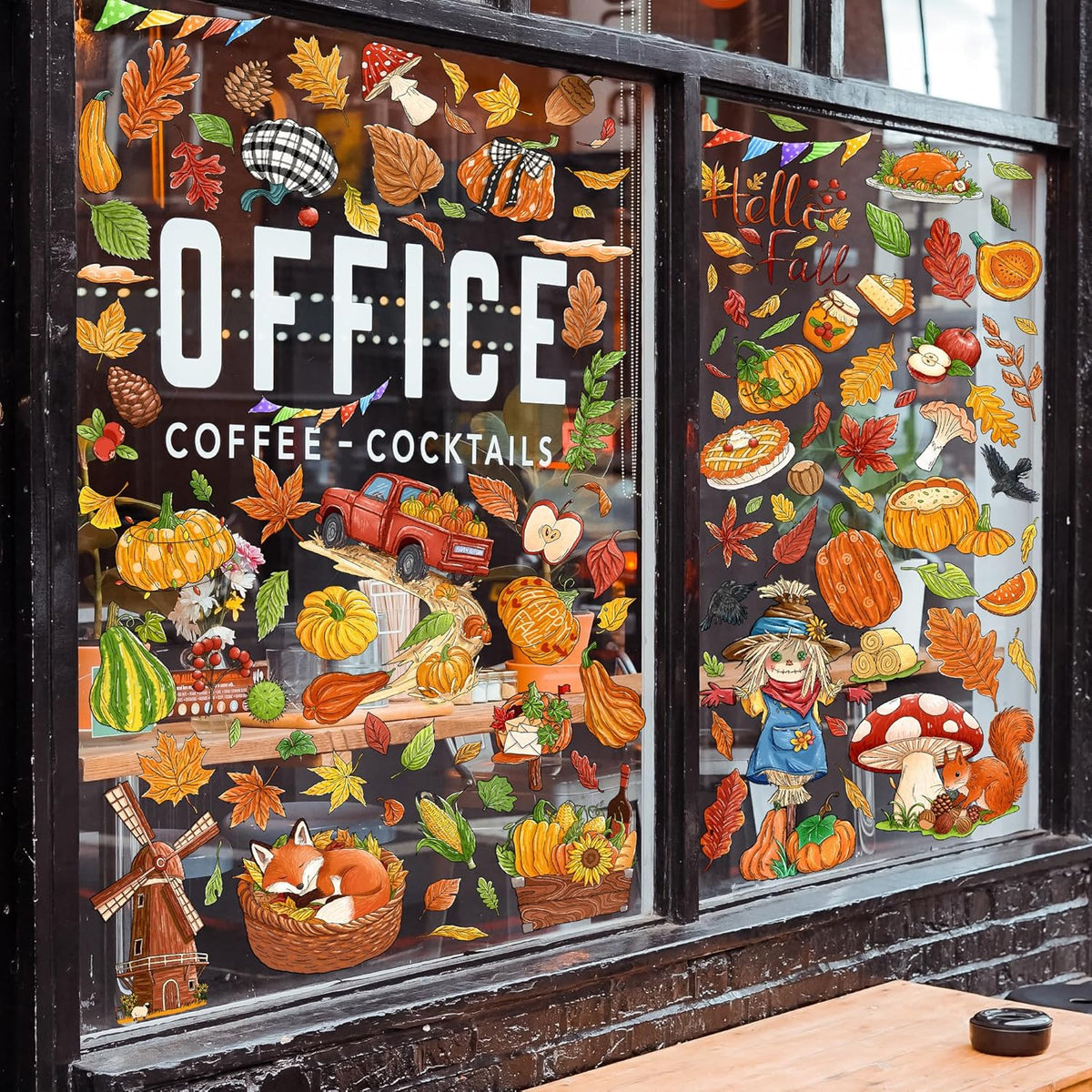 Fall Window Clings Decorations - Leaves Pumpkin Scarecrow Autumn Clings for Glass Windows, Double Sided Reusable Window Stickers, Cute Large Thanksgiving Harvest Window Decals-184 PCS/9 Sheet