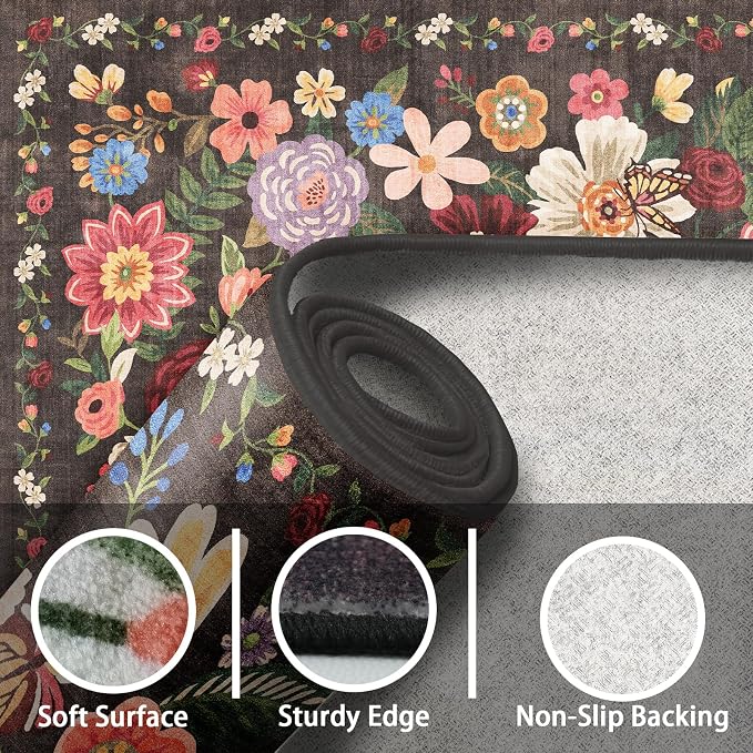 Black Brown Floral Hallway Runner Rug 3x7 - Image 3