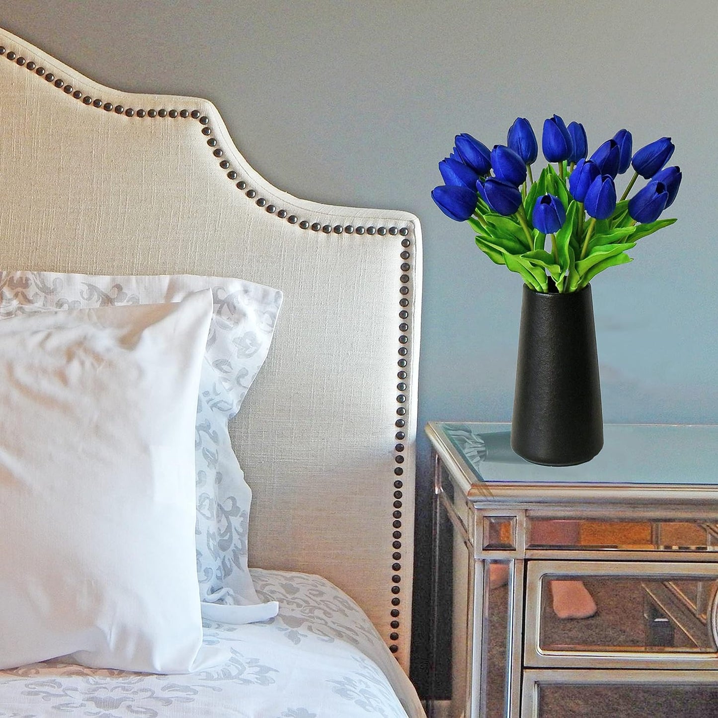 Mandy's Artificial Tulips 20 Stems Royal Blue PU Faux Flowers for Wedding Home Decor 13.5 Inch