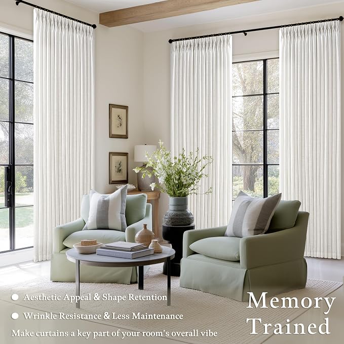 92 Inch Pinch Pleated Beige White Semi Sheer Linen Blend Curtains | Farmhouse - Image 2