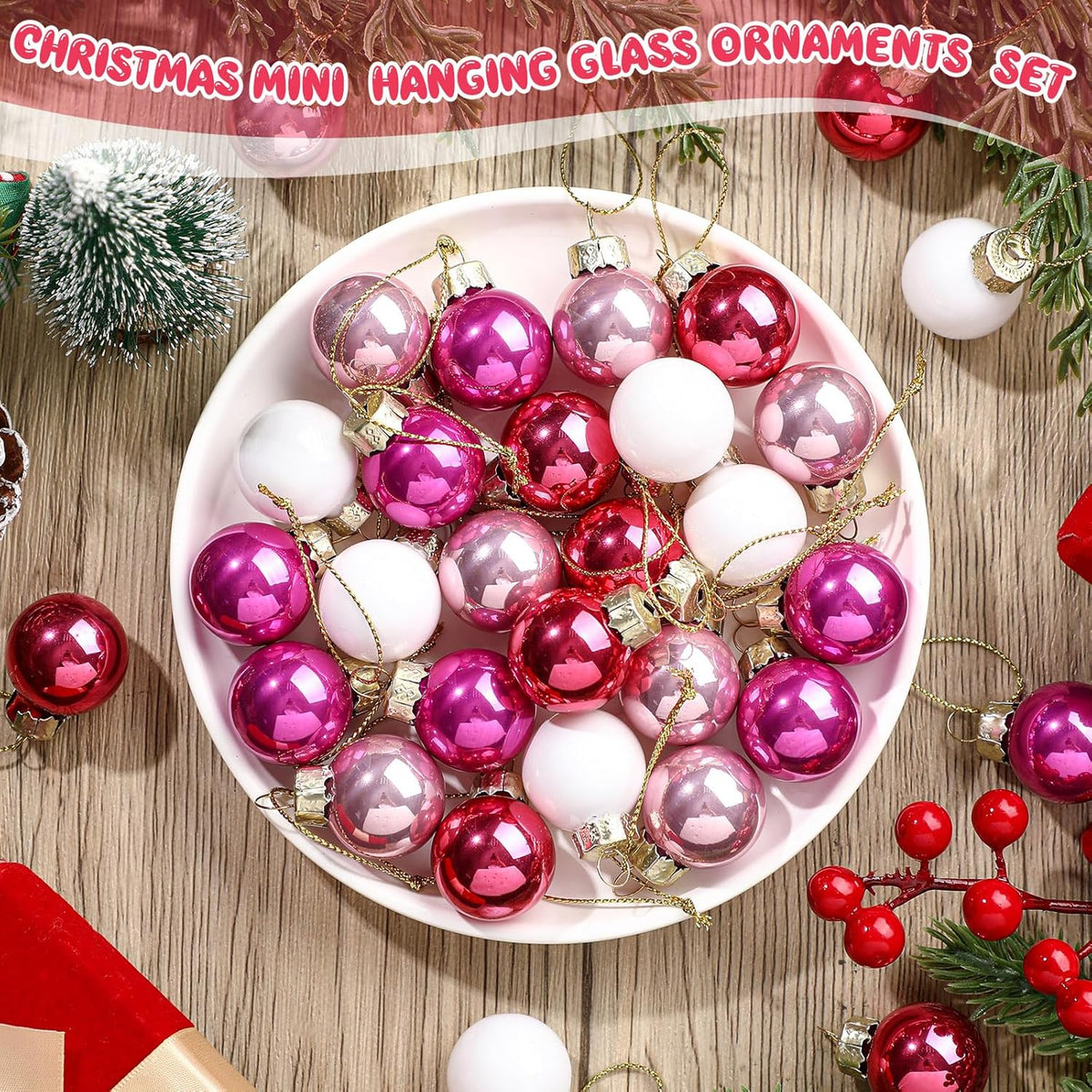 Tioncy 32 Pcs 1 Inch Mini Glass Christmas Ornaments Balls Shiny Christmas Balls Tiny Tree Hanging Decoration Small Colorful Ball Pendant for Xmas Party Supplies(Pink Series, White)
