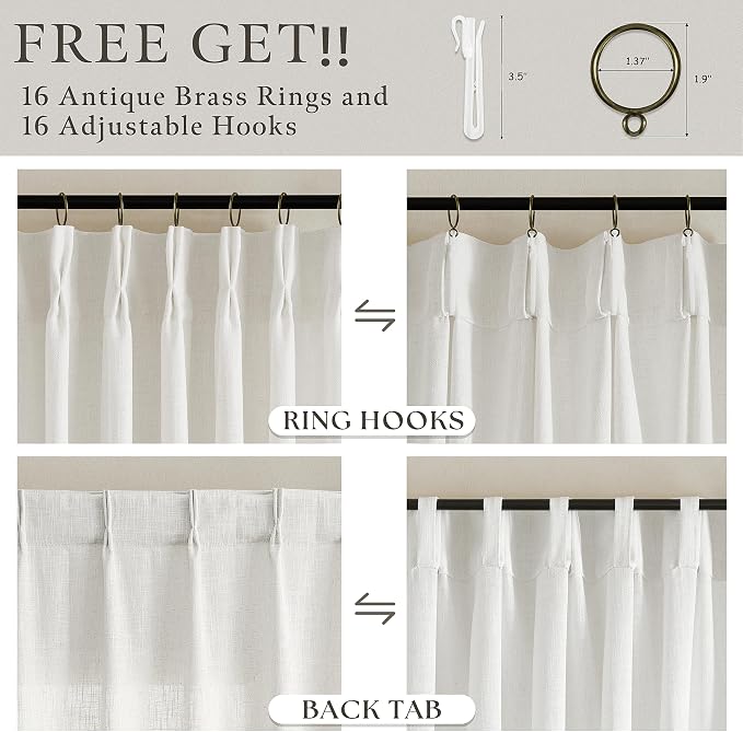 Pinch Pleated Thick Linen Light Filtering Ivory Curtains 86 Inches Length | - Image 4