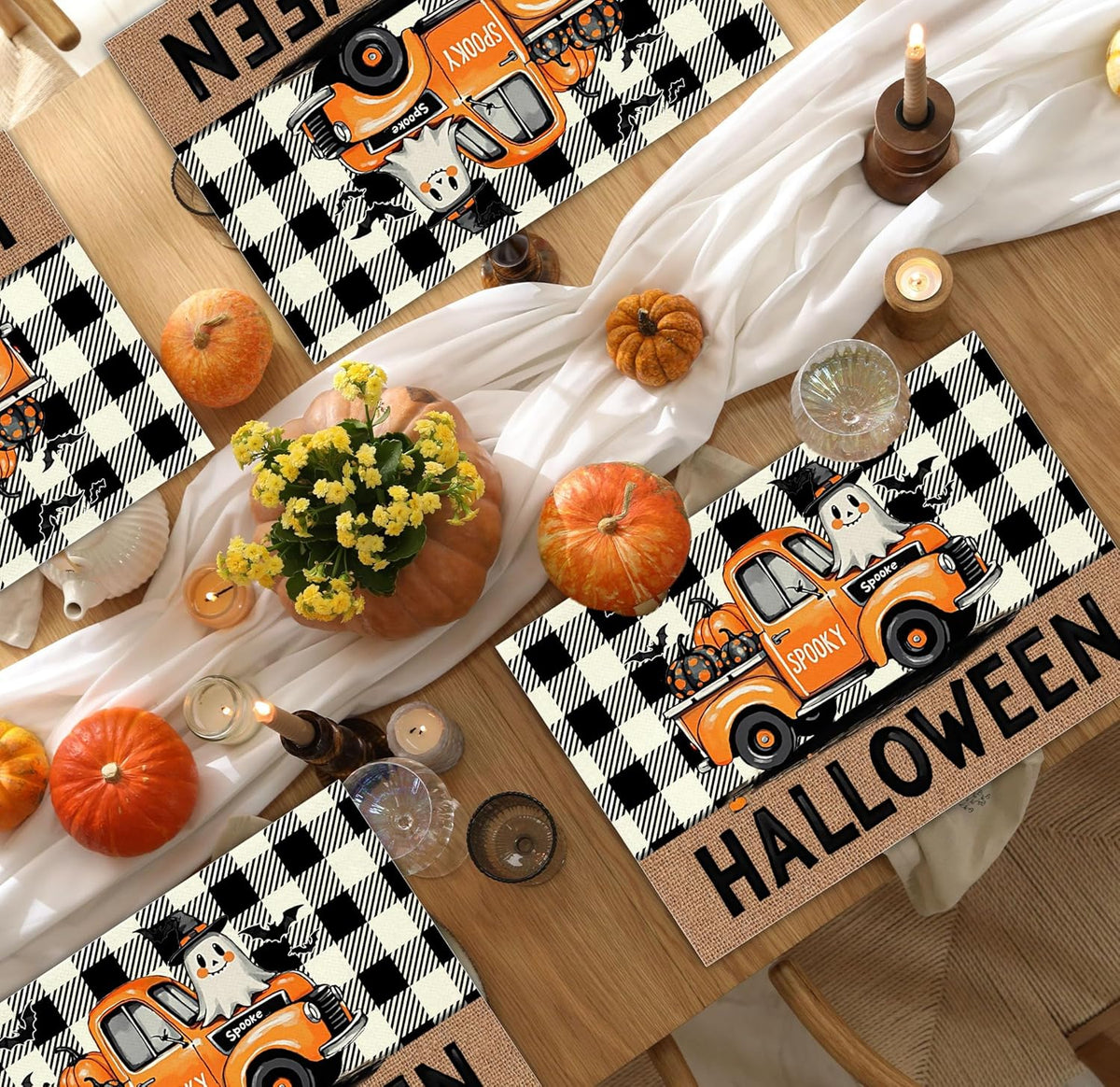 Halloween Pumpkin Placemats Set of 4, 12x18 Inch Plaid Truck Decorative Table Mats, Washable Heat Resistant Place Mats for Kitchen Dining Table, Spooky Themed Decoration for Home-B08