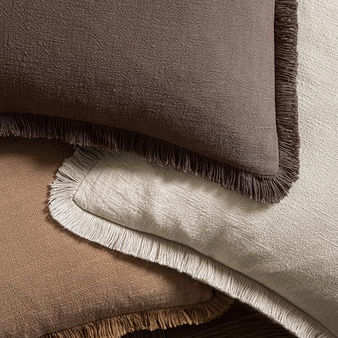 MIULEE Boho Linen Fringe Decorative Fall Pillow Covers Reddish Brown 16x16 | - Image 4