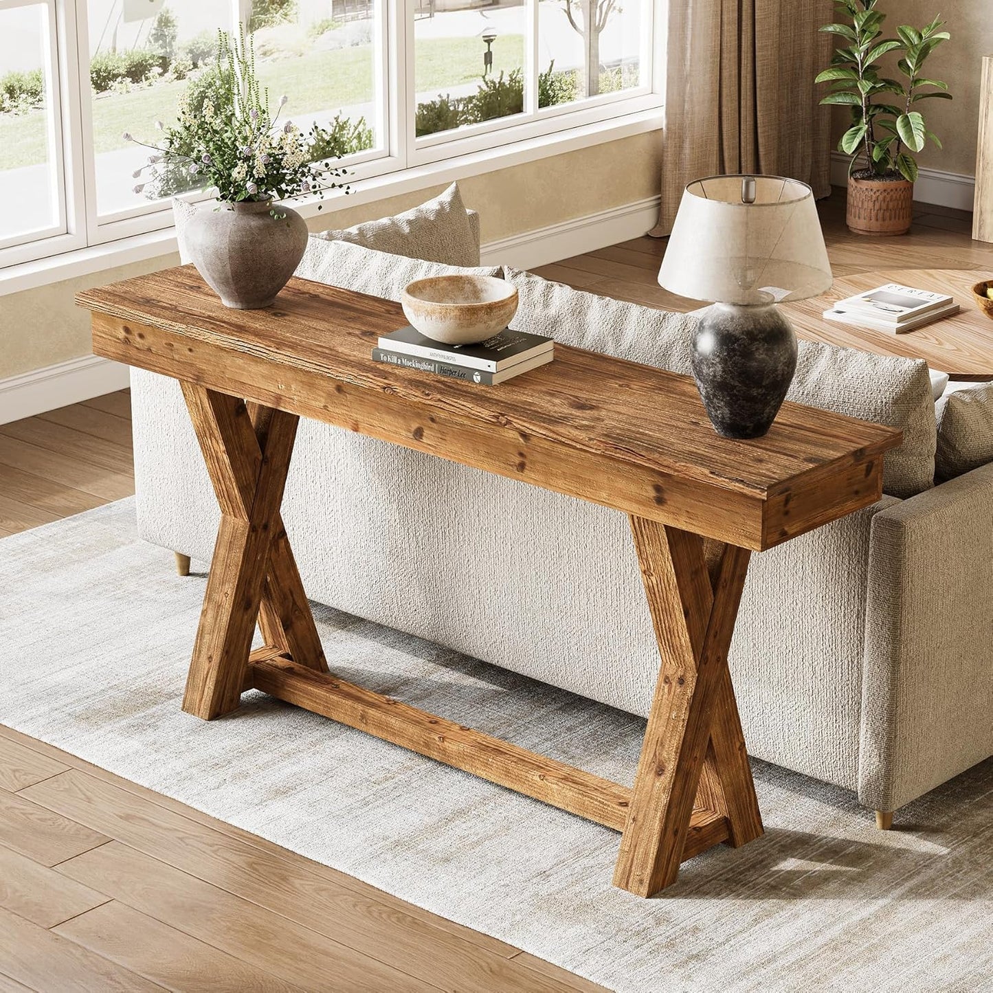 Solid Wood Console Table, 63-Inch Farmhouse Entryway Table with X-Shaped Legs, Real Wood Behind The Couch Table for Living Room, Entrance, Hallway, Easy Assembly