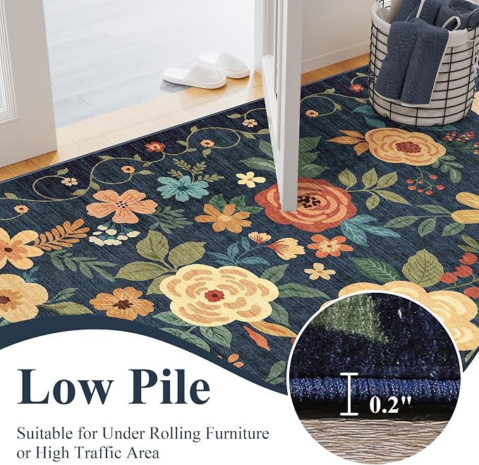 DUKINO 2.6x14 Washable Runner Rug, Floral Non Slip Runner Rug, Low Pile - Image 7