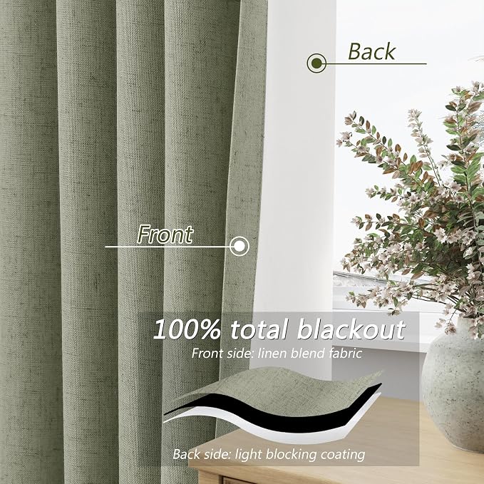 Sage Green 100% Blackout Linen Curtains 144 Inch Length 2 Panels Set - Image 3