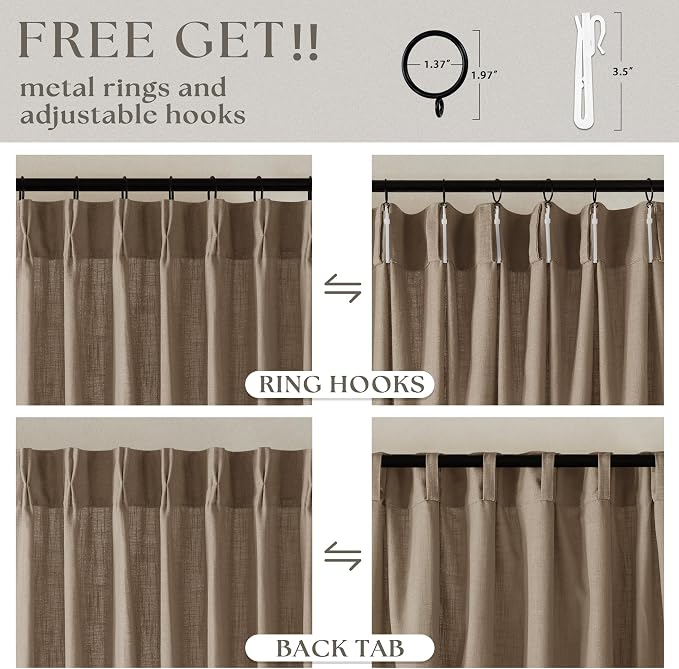 Latte Pinch Pleated Linen Semi Sheer Short Curtains 45 Inch Length 2 Panels | - Image 5
