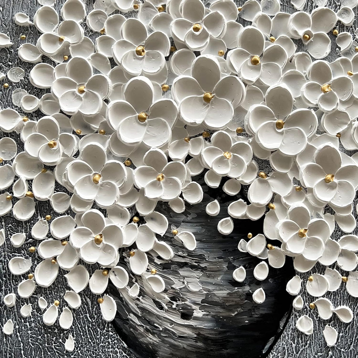 White Flower Oil Painting Modern Abstract Art Oil Painting Home Bedroom, Dining Room, Living Room, Office Wall Decoration (20x20 inches)