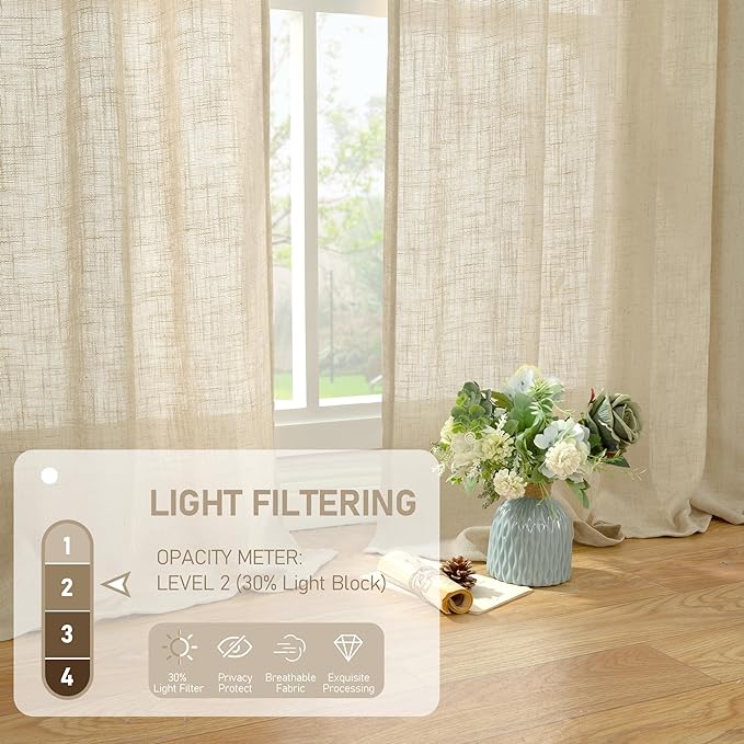 Natural Linen Blended Curtains for Living Room 2 Panels Semi Sheer | Light - Image 4