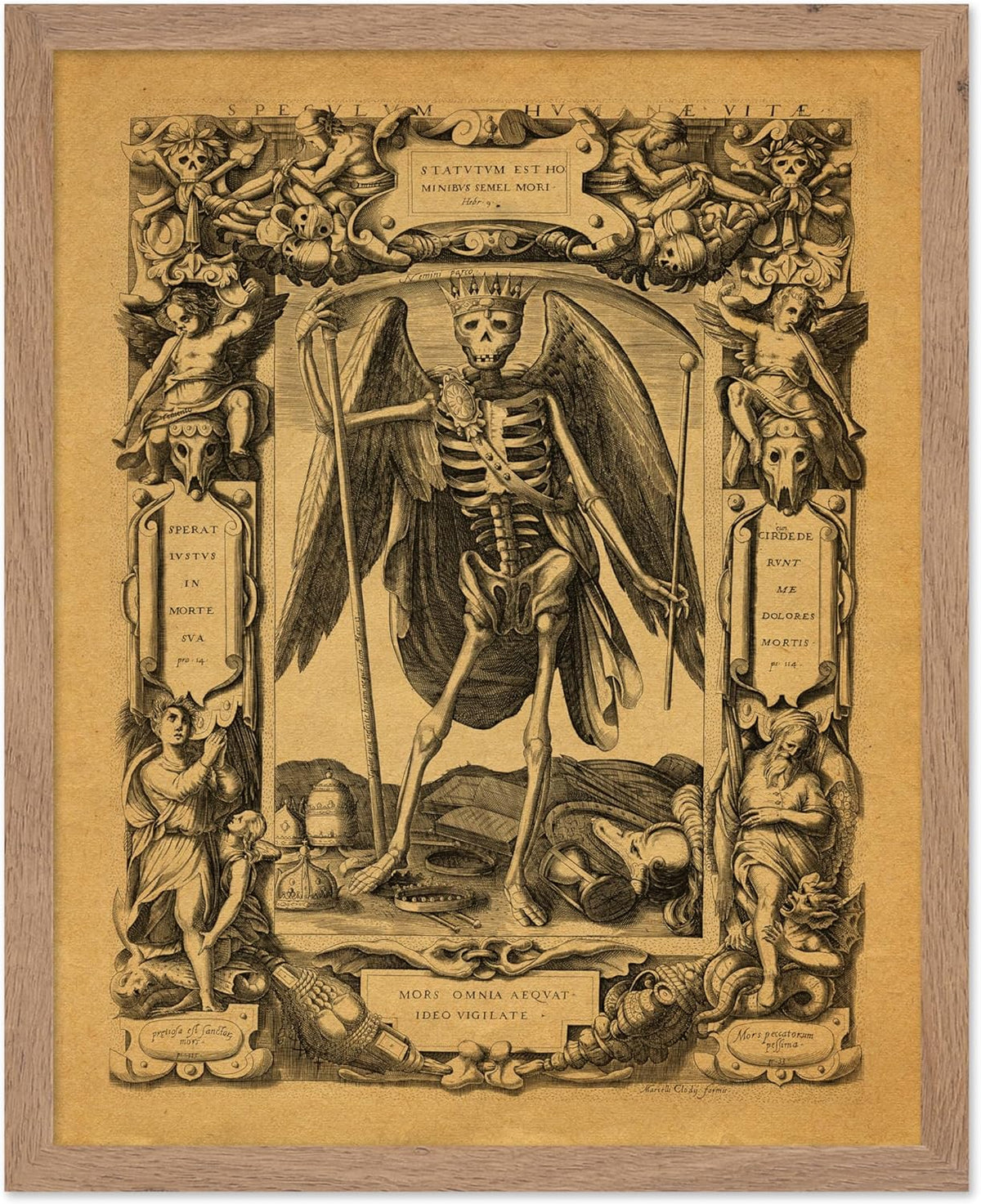 Poster Master Vintage Medieval Poster - Retro Gothic Print - Gift for Artist, Friend - Angel of Death, Memento Mori, Life, Skeleton, Dark - Wall Decor for Home, Living Room, 11x14 Beige Framed