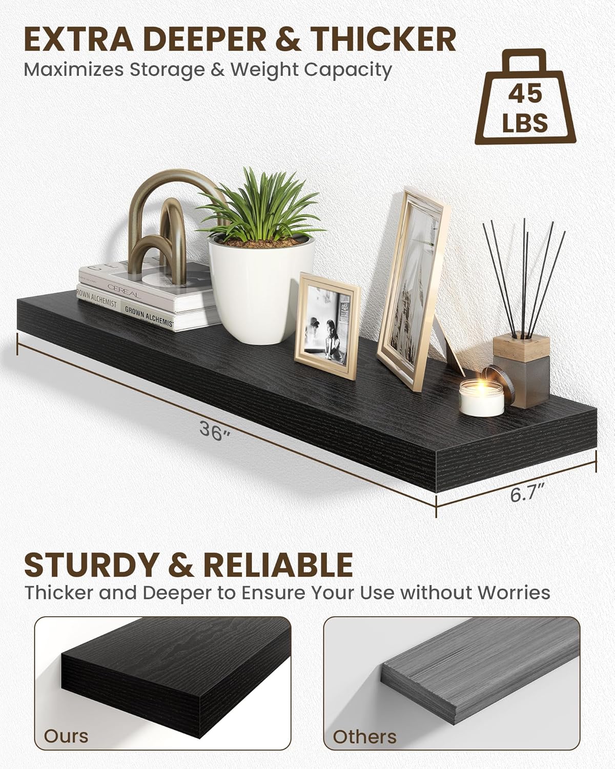 Marsmiles 36" Floating Shelves for Wall, Wooden Shelves with Invisible Brackets Set of 2, Rustic Farmhouse Wall Mounted Shelf for Kitchen Bathroom Living Room Study, Black