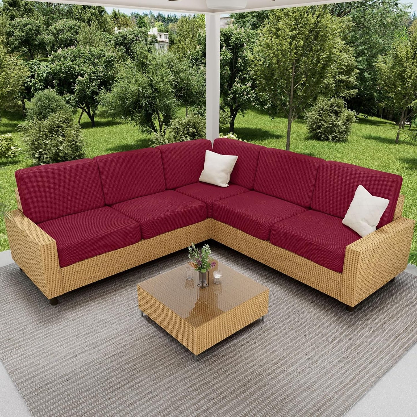 hyha Waterproof Couch Cushion Covers for Pets, Non Slip Sofa Seat Cover for Dogs Washable, Soft Thick Stretch Jacquard Fabric, Sofa Slipcovers with Elastic Bottom (2 Pieces, Wine Red)