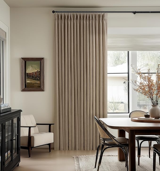 Latte Pinch Pleat Light Filter Thick Linen Semi Sheer Curtains 80 Inch Long | - Image 9