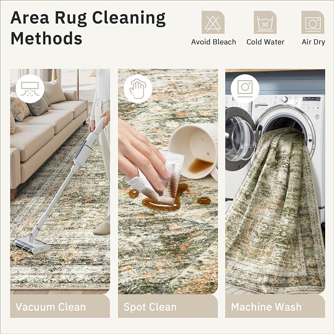Soalmost Washable Area Rug 8x10 Large Soft Living Room Rugs Green/Orange | - Image 8