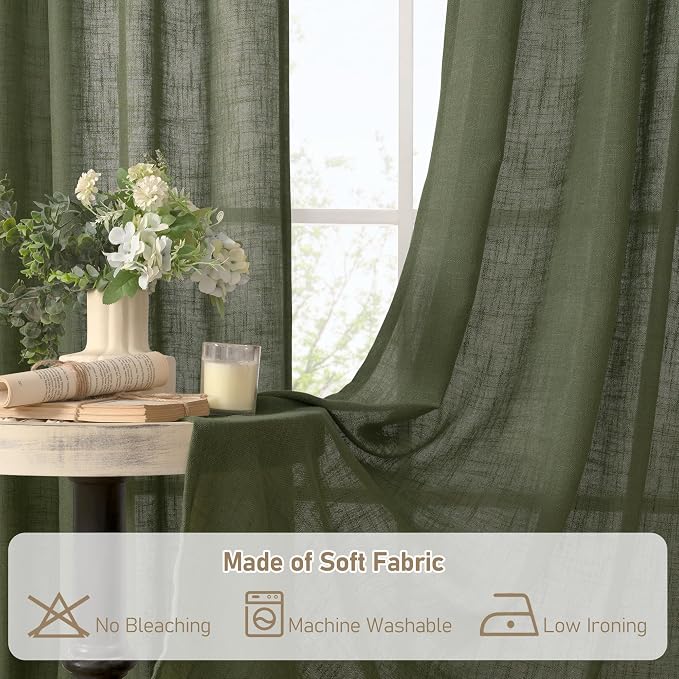 Olive Green Semi Sheer Linen Curtains - Image 8