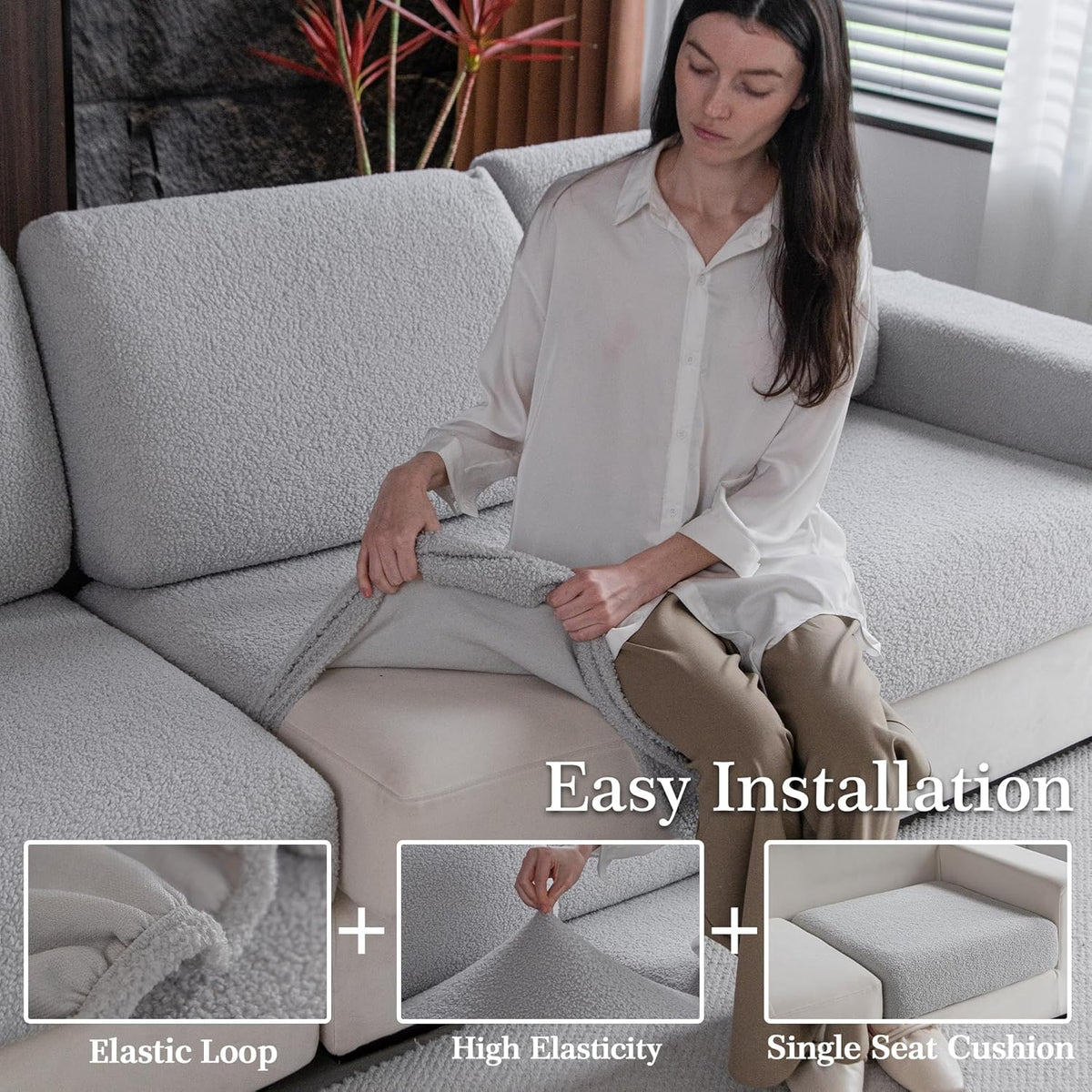 Couch Cushion Covers for Sectional Sofa, Stretch Soft Sofa Slipcovers Washable Wear-Resistant Universal Furniture Protector for Living Room(1 Piece Large Cover, Light Gray)