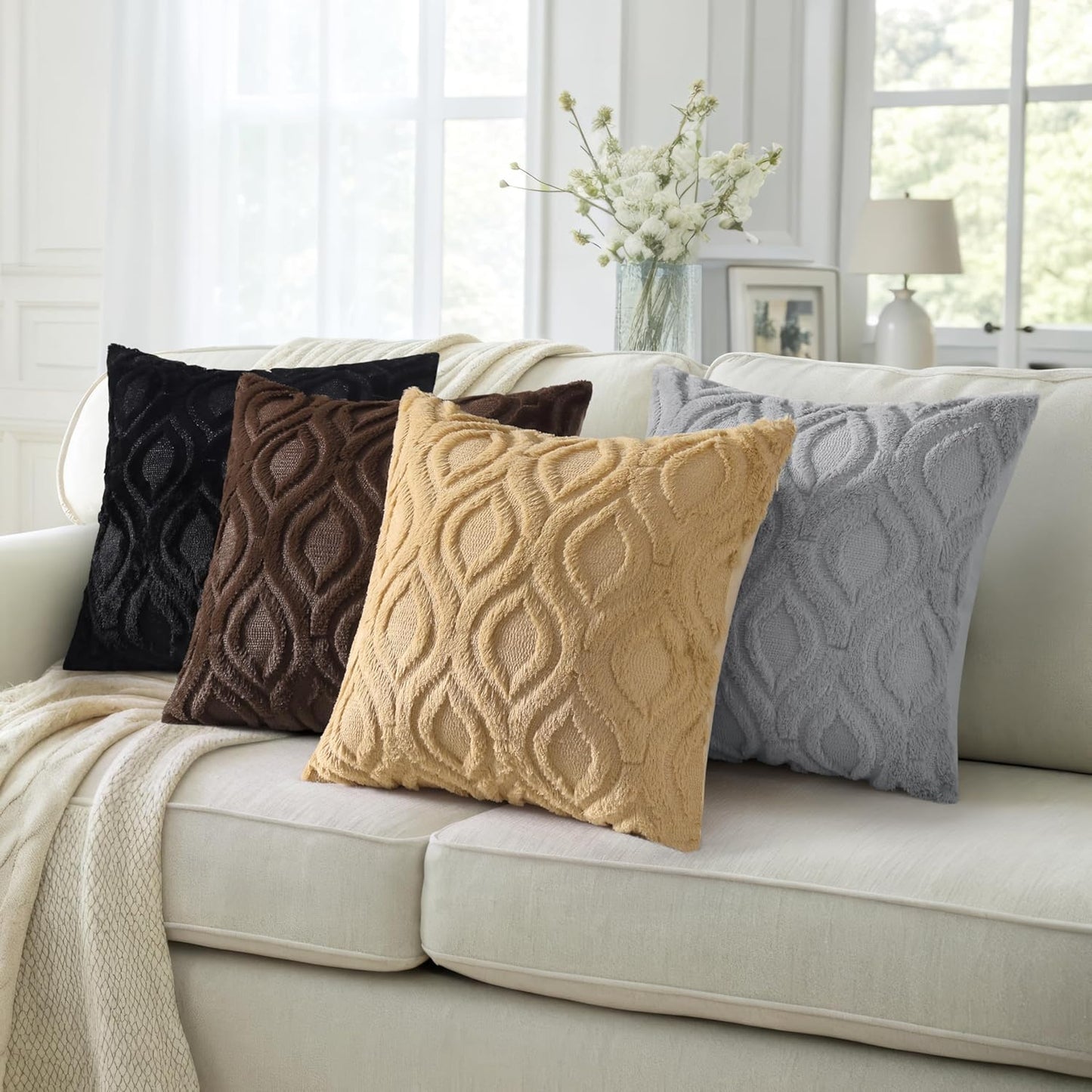 decorUhome Fall Throw Pillow Covers 26x26 Inch Set of 2, Soft Plush Decorative Faux Fur Grey Solid Couch Pillow Covers, Accent Farmhouse Neutral Square Euro Pillow Cases for Sofa Bed Living Room