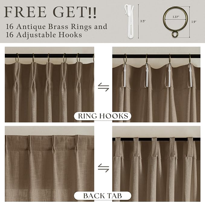 Brown Pinch Pleated Semi Sheer Thick Linen Curtains 105 Inch Long | Light - Image 5